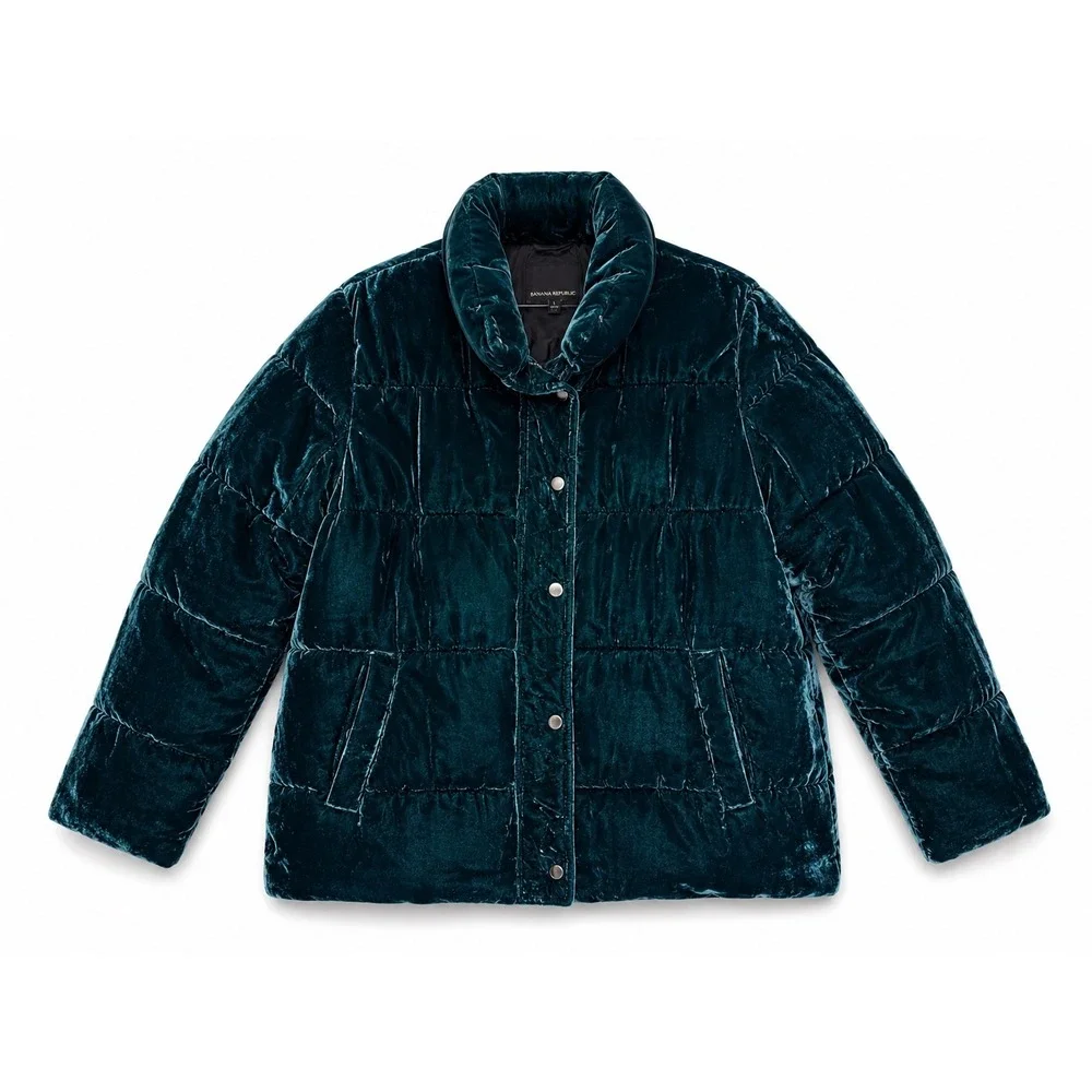 Banana Republic‎ Womens Velvet Puffer Jacket Teal Green Quilted Coat Size Large